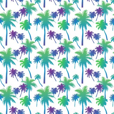 Katmanlı renkli neon palmiye yaprakları ve güzel siluetleri ile palmiye ağaçları ile dikişsiz desen, mayo, sörf tahtası, yazlık giysiler için