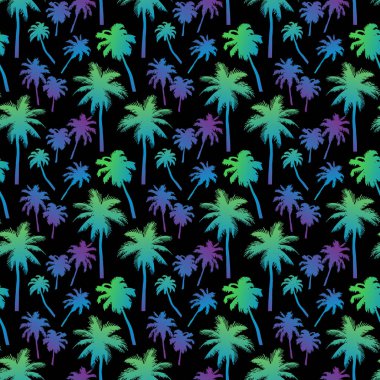 Siyah arka plan üzerinde katmanlı renkli neon palmiye yaprakları ile palmiye ağaçları ile Dikişsiz desen. Güzel siluet, mayo, sörf tahtası, yazlık giysiler için