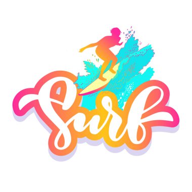 Sörf. El yazısıyla surf yazısını ve dalgayı kesen bir sörfçünün silueti. Senin t-shirt için parlak yaz rengi kelime, kapüşonlu