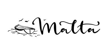 Martılar ile tekne kroki ile ülke Malta el yazısı. Modern fırça kaligrafisi. Ambalaj kağıdı için elle çizilmiş süs