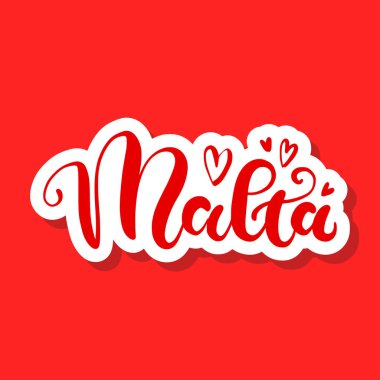 Ülke Malta'nın kırmızı arka planda kalpli el yazısı. Modern fırça kaligrafisi. Ambalaj kağıdı için elle çizilmiş süs
