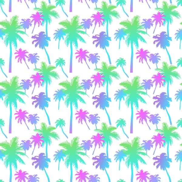 无缝的图案与棕榈树与分层的彩色霓虹棕榈叶在白色背景 美丽的剪影 用于泳装 冲浪板 夏季服装 — 图库矢量图片