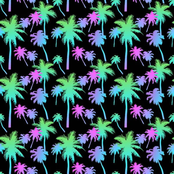 Бесшовный Узор Пальмами Разноцветными Неоновыми Пальмовыми Листьями Черном Фоне Силуэты — стоковый вектор