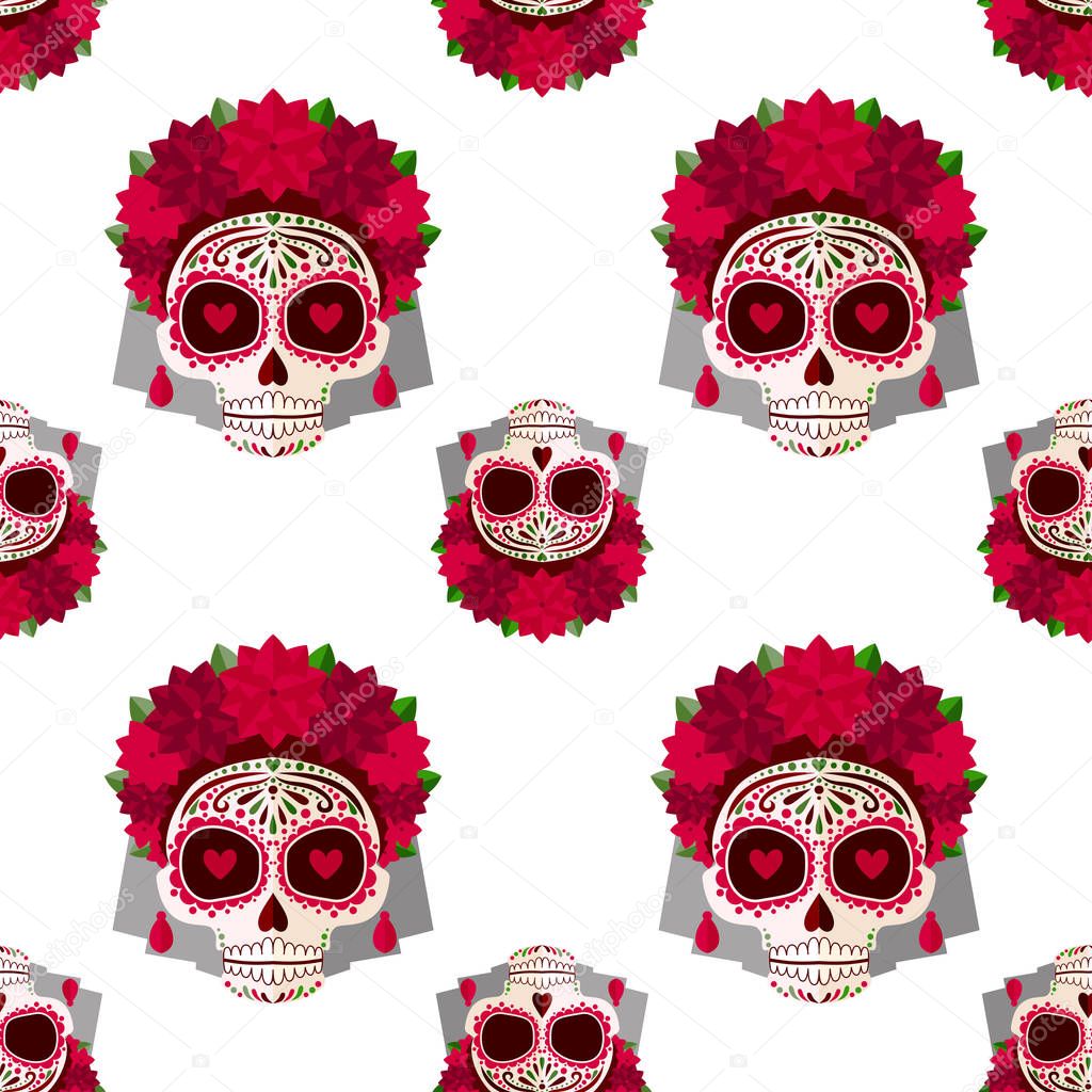 Sugar skull pattern. Day of the dead.Sugar skull pattern. Day of the dead. A skull with a wreath of red flowers and hearts in eyes