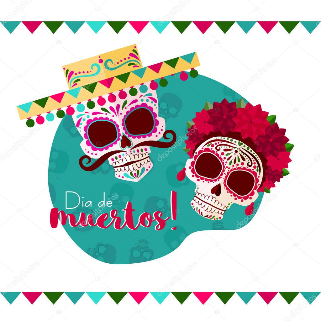 Deads' day background with mexican skulls. Dia de Muertos! a skull in a Mexican hat with a mustache and a skull with a wreath of red flowers.