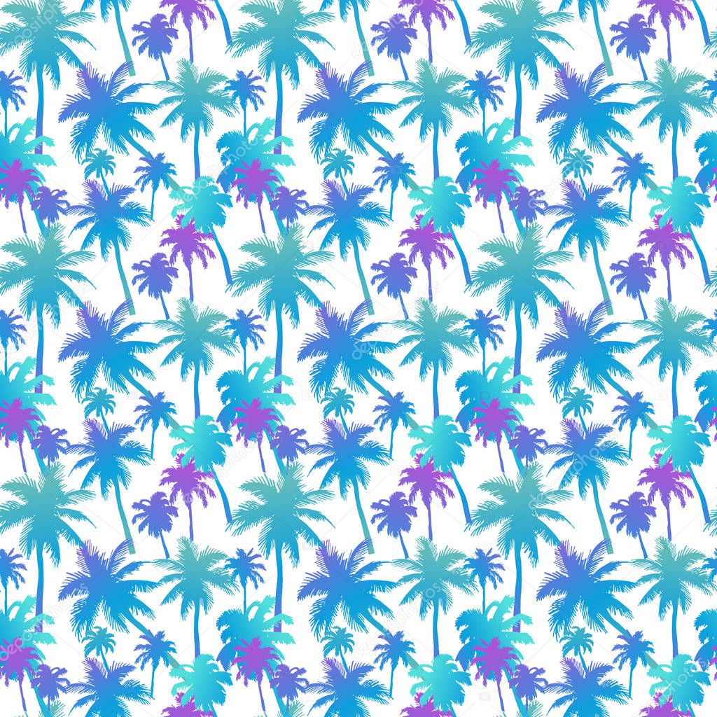 Seamless pattern with palm trees with layered colorful neon palm leaves on white background. Beautiful silhouettes, for swimwear, surfboard, summer clothes