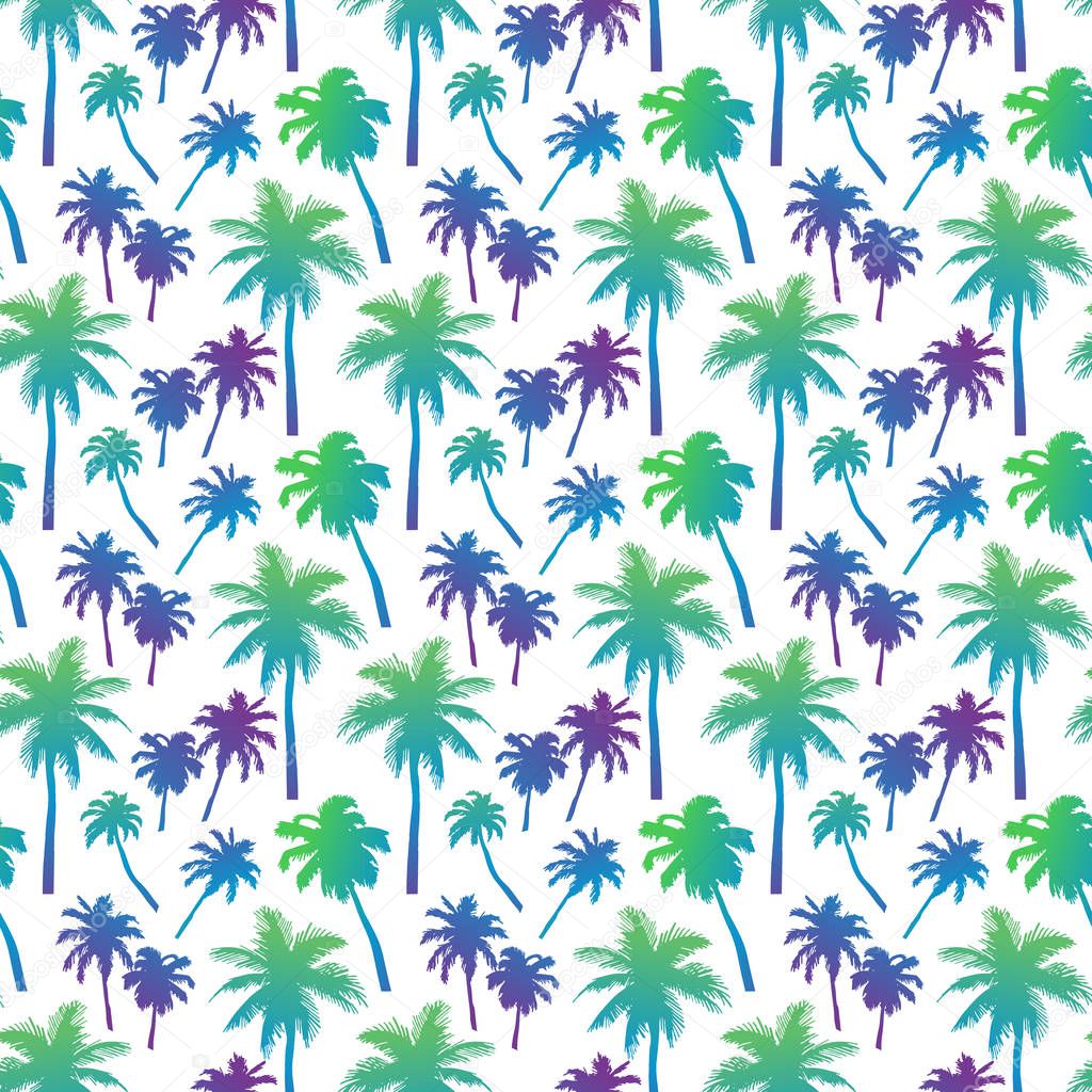 Seamless pattern with palm trees with layered colorful neon palm leaves and beautiful silhouettes, for swimwear, surfboard, summer clothes