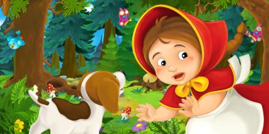 Peri kuyruk köpek korkuyor ile ahşap bir şey yürüyüş kırmızı başlıklı kız