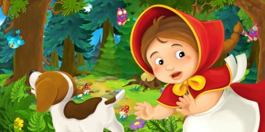 Peri kuyruk köpek korkuyor ile ahşap bir şey yürüyüş kırmızı başlıklı kız