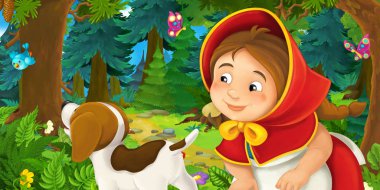 Ahşap köpek ile yürüyüş zevk kırmızı başlıklı kız