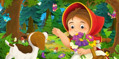 Peri kuyruk köpek sepeti ve çiçek buketi ormanda holding ile kırmızı başlıklı kız