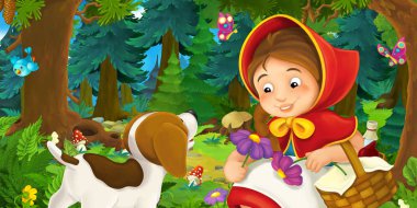 Peri kuyruk ile sepeti tutan ve ahşap çiçek toplama köpek kırmızı başlıklı kız