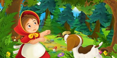 Ahşap köpek ile yürüyüş zevk kırmızı başlıklı kız