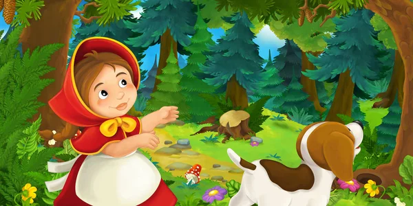 Ahşap köpek ile yürüyüş zevk kırmızı başlıklı kız