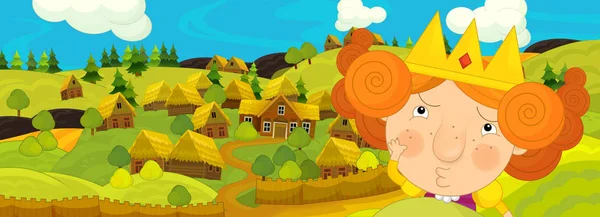 Thoughtful princess on background of village, cartoon scene