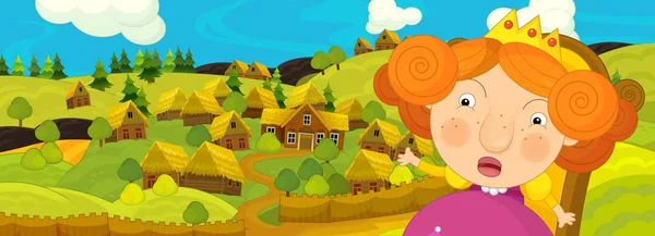 Amazed Princess Red Hair Background Village Cartoon Scene — Stock Photo, Image