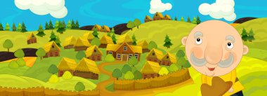 Adam ve tepelerde Köyü ile karikatür Ortaçağ manzara