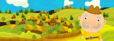 Adam ve tepelerde Köyü ile karikatür Ortaçağ manzara 