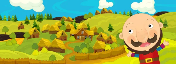 Cartoon medieval scene with man and village on hills