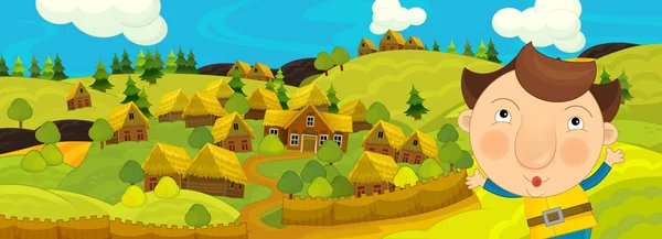 Adam ve tepelerde Köyü ile karikatür Ortaçağ manzara