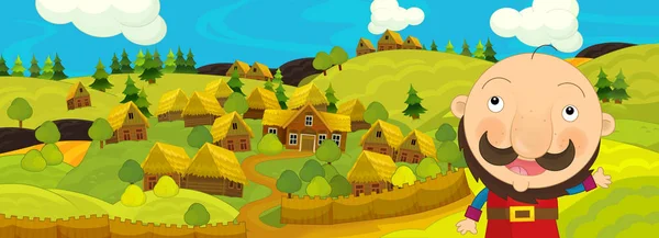 Adam ve tepelerde Köyü ile karikatür Ortaçağ manzara