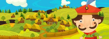 çiftlik köyü - illüstrasyon çocuklar için yakınlarında çiftçi ile çizgi film sahne