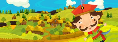 çiftlik köyü - illüstrasyon çocuklar için yakınlarında çiftçi ile çizgi film sahne