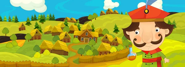 Zeichentrickszene Mit Bauer Der Nähe Des Bauerndorfes Illustration Für Kinder — Stockfoto