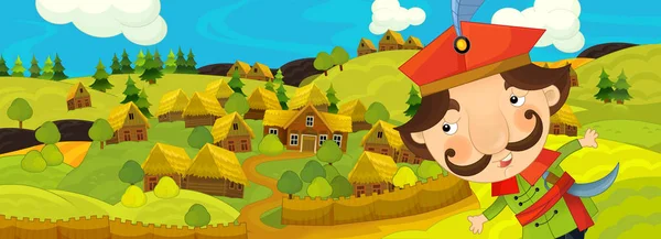 Scena Dei Cartoni Animati Con Contadino Vicino Villaggio Agricolo Illustrazione — Foto Stock