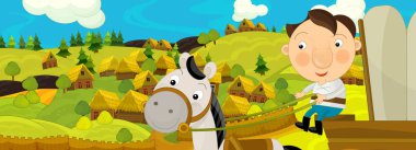 çiftlik köyü - illüstrasyon çocuklar için yakınlarında çiftçi ile çizgi film sahne