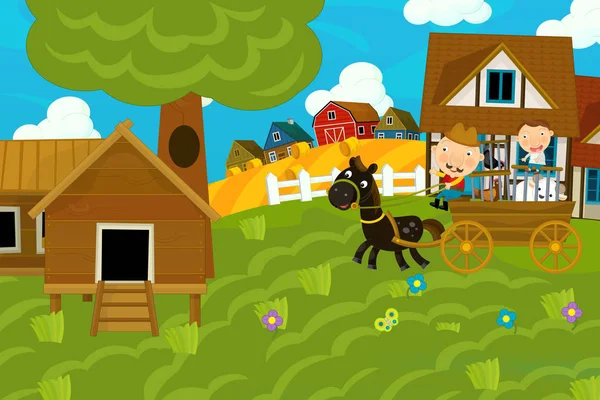 cartoon scene with farmer near the farm village - illustration for children