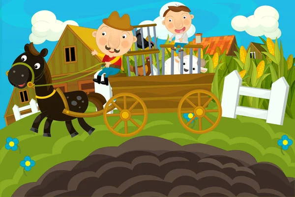 Cartoon Scène Met Boer Buurt Van Het Dorp Van Boerderij — Stockfoto