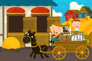 Baba ve oğul ile karikatür çiftlik sahne