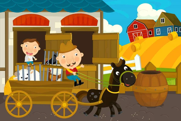cartoon farm scene with father and son