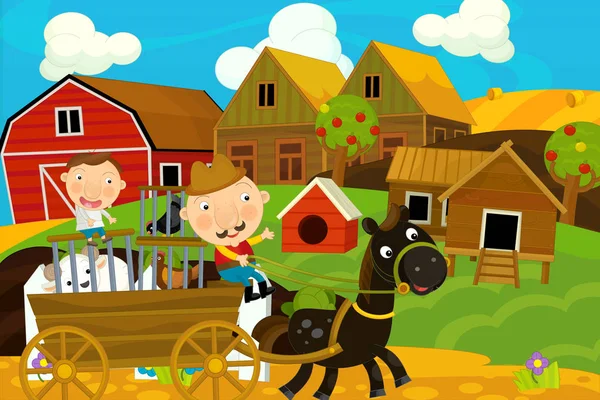 cartoon farm scene with father and son