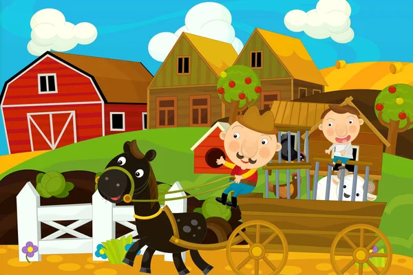 Cartoon Boerderij Scène Met Vader Zoon — Stockfoto