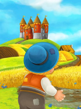 arka plan üzerinde kale ile hasat alanı üzerinde çizgi film karakteri