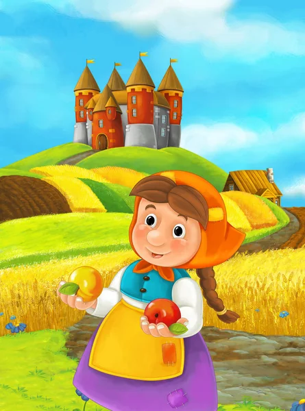 female cartoon character holding apples on harvest field with castle on background