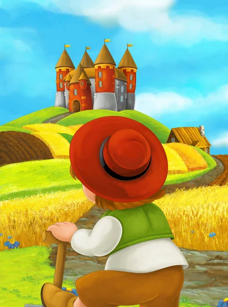 Rear View Farmer Cartoon Character Wearing Hat Harvest Field Castle — Stock Photo, Image