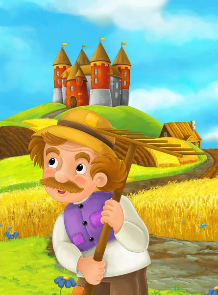 Agricultor Personagem Desenho Animado Campo Colheita Com Castelo Fundo — Fotografia de Stock