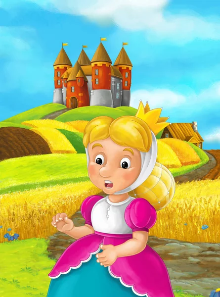 公主卡通人物在收获领域与城堡背景 — 图库照片