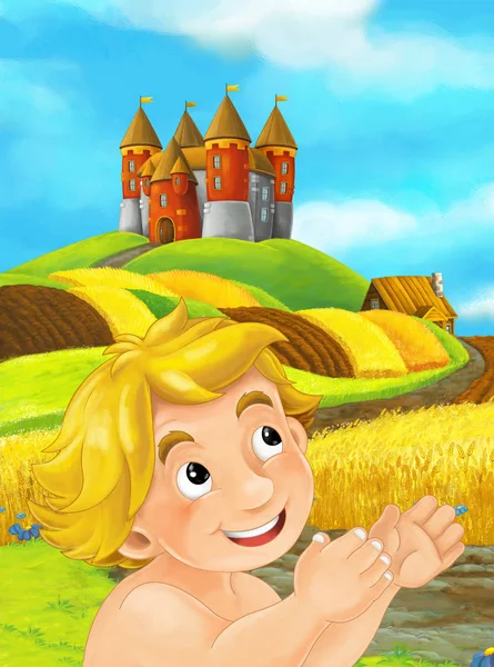 Sorridente Personagem Cartoon Masculino Campo Colheita Com Castelo Fundo — Fotografia de Stock