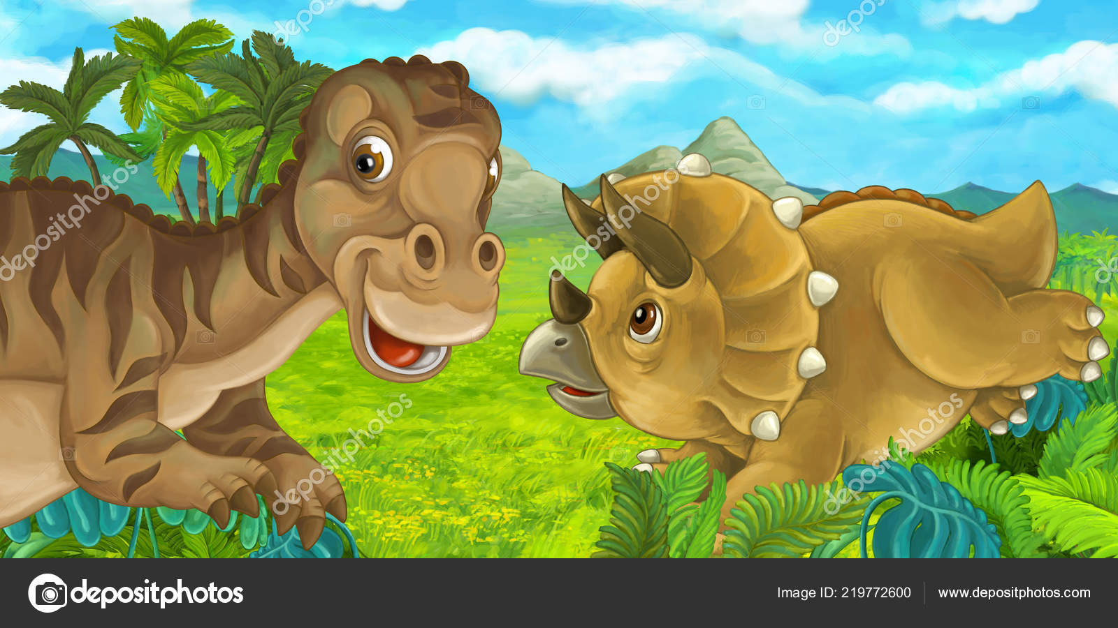 Cartoon Scene Different Dinosaurs Having Fun Together Mayasauria Triceratops  Illustration Stock Photo by ©agaes8080 219772600