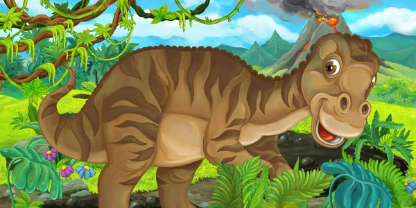 Cena Dos Desenhos Animados Com Feliz Dinossauro Maiasauria Perto Vulcão — Fotografia de Stock