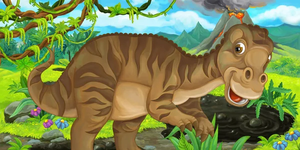Sceny Kreskówki Maiasauria Szczęśliwy Dinozaurów Pobliżu Wulkanu Ilustracja Dla Dzieci — Zdjęcie stockowe
