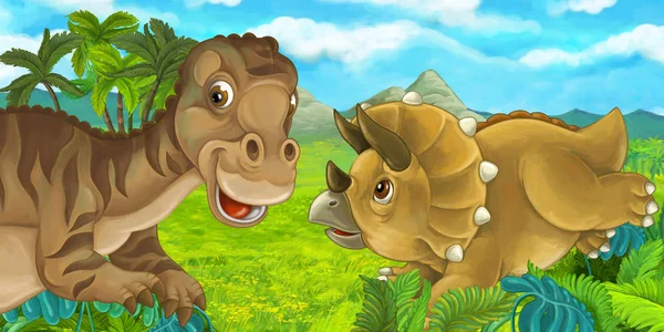 Мультипликационная Сцена Различными Динозаврами Веселящимися Вместе Майазавры Трицератопсы Иллюстрация Детей — стоковое фото