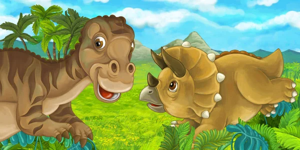 Escena Dibujos Animados Con Diferentes Dinosaurios Divirtiéndose Juntos Mayasauria Triceratops —  Fotos de Stock