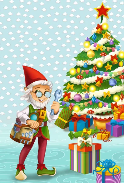 Scena Del Cartone Animato Con Babbo Natale Helper Cercando Nano — Foto Stock