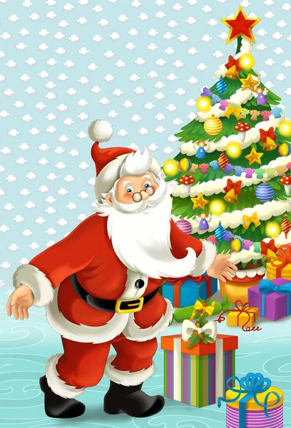 サンタ クロースといくつかのプレゼントとクリスマス ツリー 子供のための図の近くの漫画シーン — ストック写真