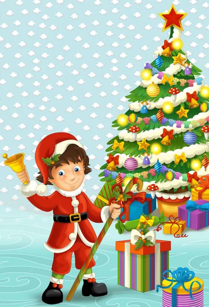 卡通场景与圣诞老人看男孩附近的一些礼物和圣诞树 插图为孩子 — 图库照片